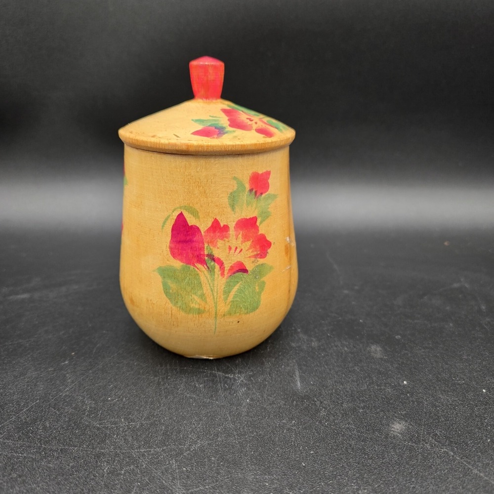 Vtg‎ Russian ? Ukranian Wooden Container Vase with Lid Folk Art Pink Floral - Picture 7 of 13